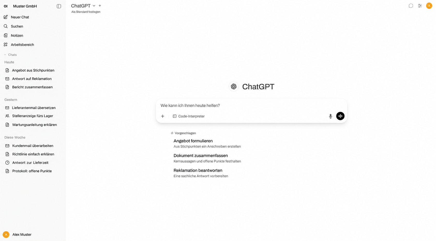KITT-Beispieloberfläche für Muster GmbH mit fiktiven Chats und Vorschlägen zum Formulieren von Angeboten, Zusammenfassen von Dokumenten und Beantworten von Reklamationen.